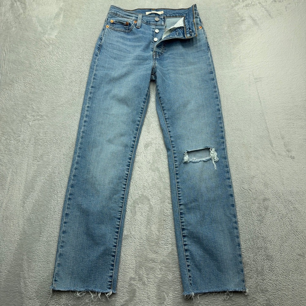 Levis Jeans Womens 25 Blue Wedgie Straight Distressed Raw Hem Button Fly Denim